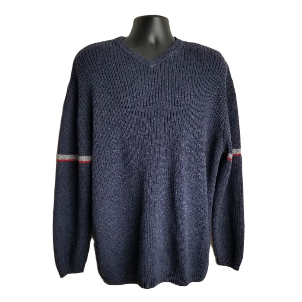 Cherokee V Neck Sweater Mens XXL Navy Blue Ramie Cotton Striped Vintage